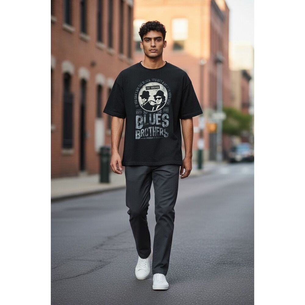 Blues Brothers Movie Graphic T-Shirt Black Distressed Jake & Elwood Tee - Picture 1 of 2